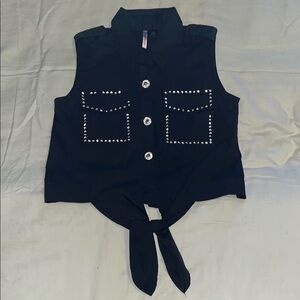 Black Sleeveless Tie-Front Top with Studded Pockets